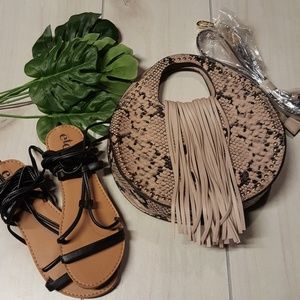 Taupe and black snake print fringe handbag